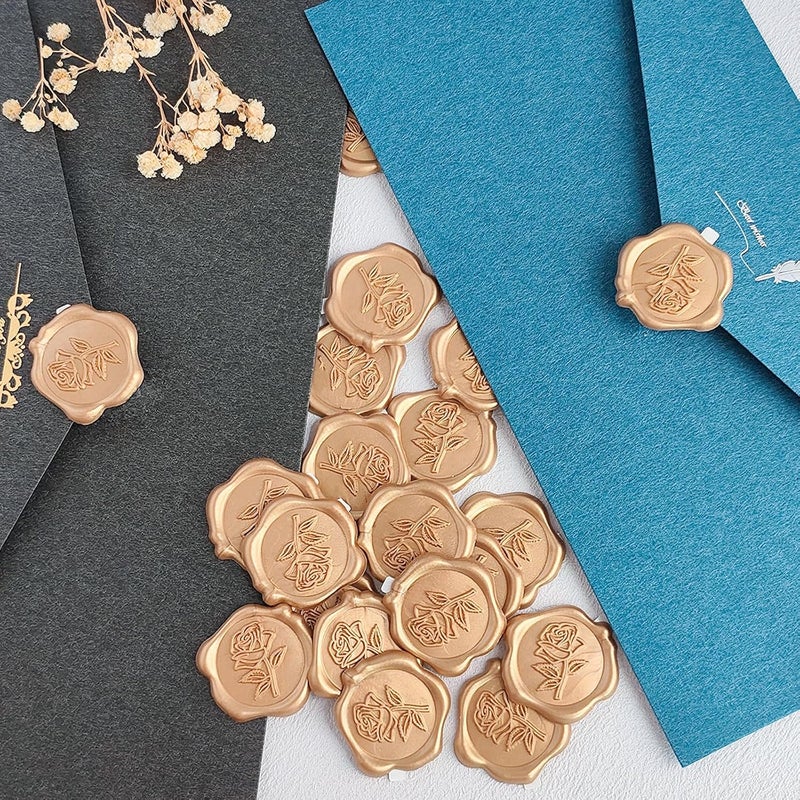 Pilloze Wax Seal Stickers - 3D Rose Wedding Invitation Envelope Botanical Seal Stickers, 50 Pcs Self- Adhesive Light Gold Stickers, Perfect for Invitation, Christmas, Gift Wrapping, Wedding, Party - Image 3